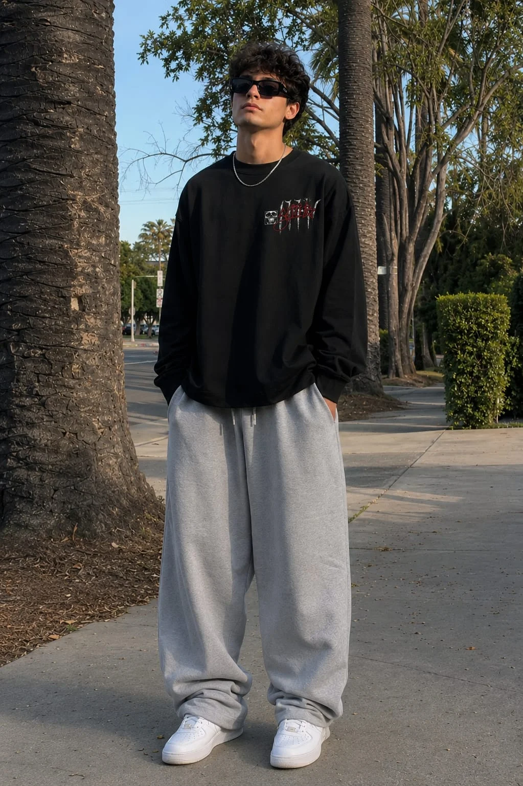 Pull porté de face avec un pantalon clair